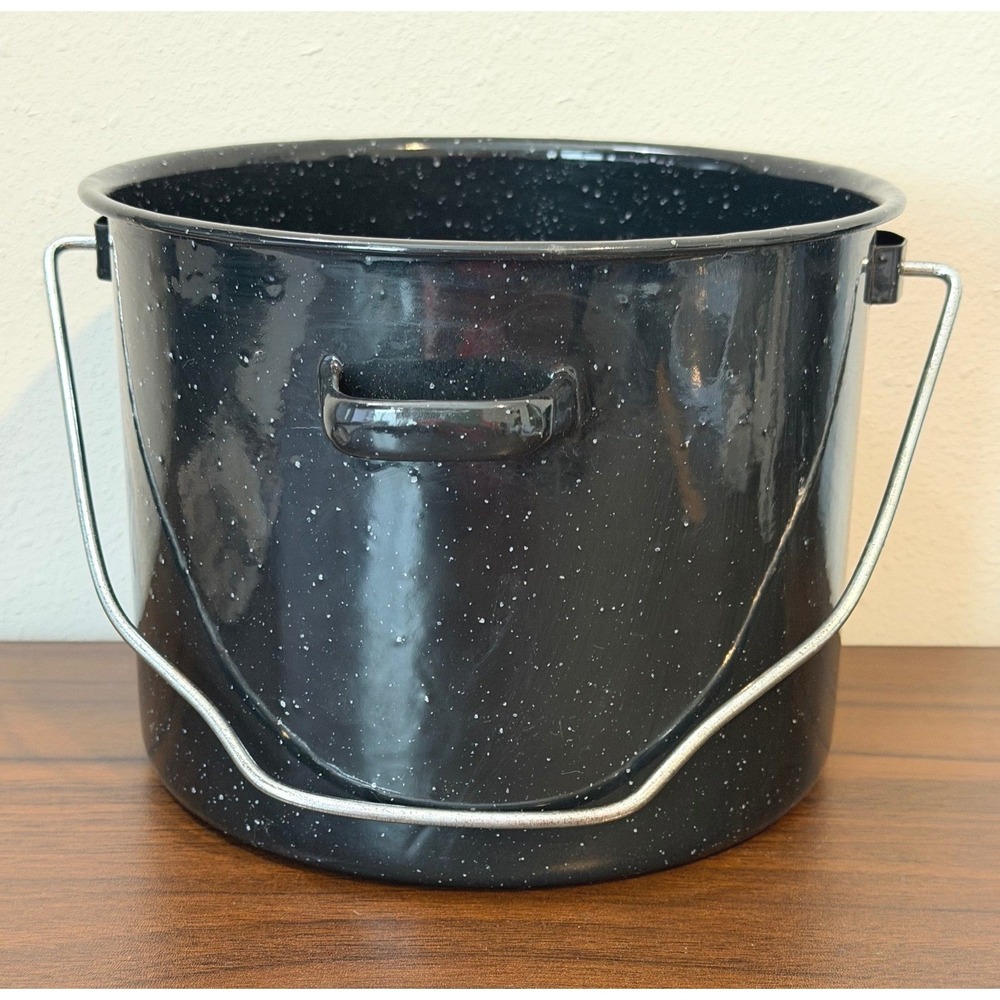 Vintage Black Speckle Enamelware Stock Pot with Bail Handle 5.75in x 7.5in